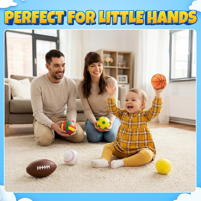 Sports Balls for Toddlers 1-3, 6 Piece Soft Sports Balls with Foam Soccer, Basketball, Football, Baseball, Tennis & Volleyball - Toddler Boys & Girls Ball Toy Gift