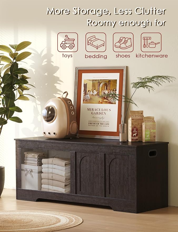 Storage Chest, Wooden Toy Box, Espresso 50.0" L | Extra Large Storage Bench, 2 Soft-close Hinges, Finger-safe Flip-Top Lid, Easy Assembly, Farmhouse Trunk, Living Room/Bedroom
