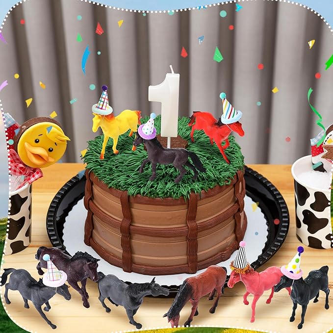 18 Pcs Horse Birthday Party Decorations Mini Birthday Hat Animal Figure Model Cake Toppers with Mini Hat for Birthday Party, Animals Themed Party