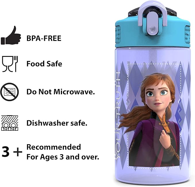 Zak Designs Disney Frozen 2 Kids Water Bottle with Spout Cover and Carrying Loop, Durable Plastic, Leak-Proof Water Bottle Design for Travel (16 oz, 2-Pack, Non-BPA, Elsa & Anna)