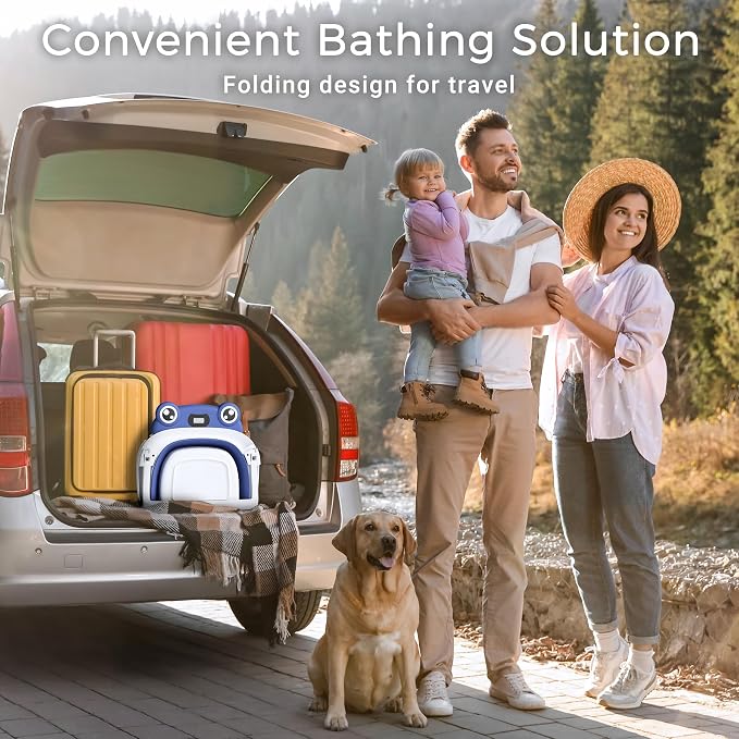 BUNWAG Baby Bathtub, Collapsible Newborn Bathtub for Infant to Toddler with Soft Cushion and Thermometer, Travel Newborn Tub with No-Slip Feet, Baby Shower Gifts, 0-12 Months Baby Bath, Navy Blue
