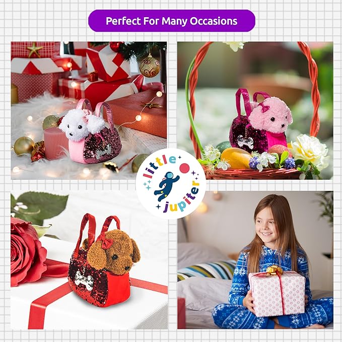 Little Jupiter Pet Plush Set with Purse w/Reversible Sequins & Charm - Stuffed Animal Toy for Kids Ages 4-5 - 6-7 - Stuffed Animal Purse - Stuffed Animals for Girls - (Pink Labradoodle)