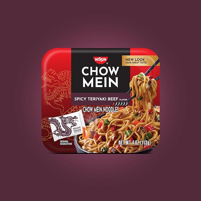 Nissin Chow Mein Noodles, Spicy Teriyaki Beef, 4 Ounce (Pack of 8) | 10g Protein