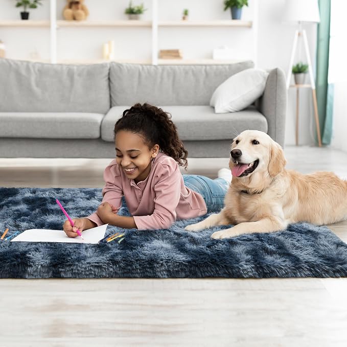 Tepook Soft Runner Rugs for Bedroom Living Room, Fluffy Plush Rug 2x6 for Kids Girls Room, Shag Furry Area Rug Non Slip Carpet for Nursery Children Dorm Home Decor, Tie-dye Dark Blue