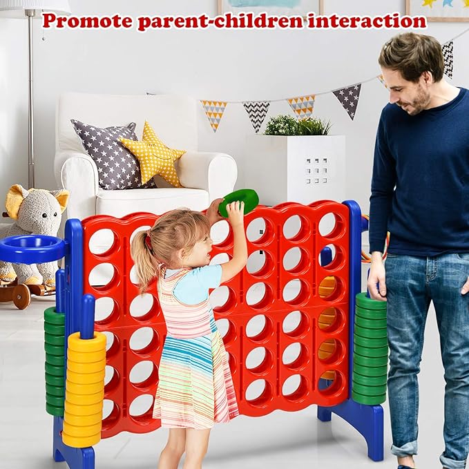 DORTALA Giant 4-in-A-Row, Plastic Jumbo Connect Game Set w/42 Jumbo Rings, Quick-Release Slider, Ring Toss, 2.5Ft Indoor Outdoor 4 to Score Yard Game w/Basketball Hoop