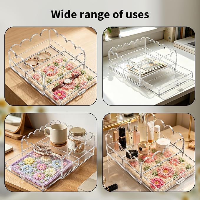 Scalloped Acrylic Tray with Drawer, Clear Acrylic Decorative Organizer Tray for Needlepoint, Jewelry, Photos, Art, Fabric, Napkins, Vanity, Desk, Coffee Table and Craft Storage
