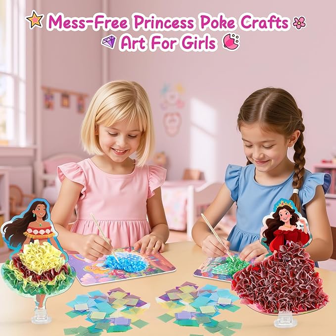 8PCS Poke Art Kits - Magical Princesses, Mess-Free Fabric Creative Art, DIY Arts and Crafts Toys for Kids Ages 3-12, Birthday Christmas Gifts & Party Favors for Girls & Boys 4, 5, 6, 7, 8, 9 Years Old