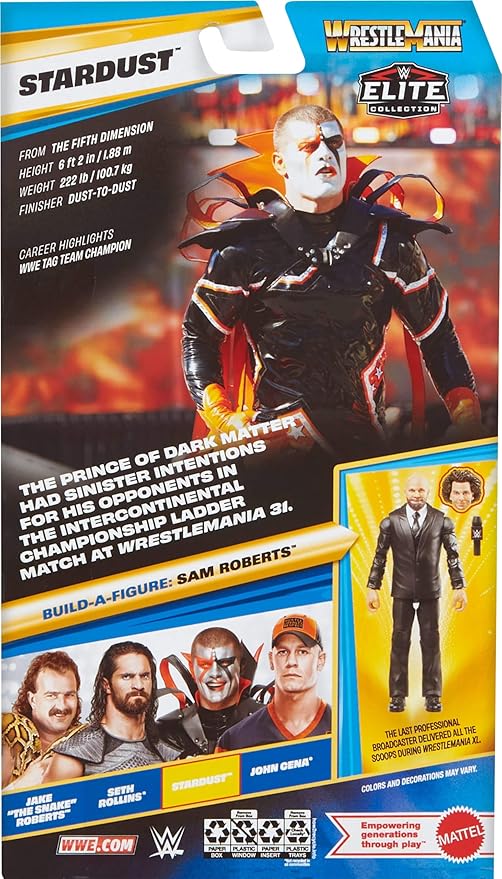 Mattel WWE Elite Collection Action Figure & Accessories, Premium Live Event Stardust Set, Wrestlemania with Sam Roberts Build-A-Figure Parts