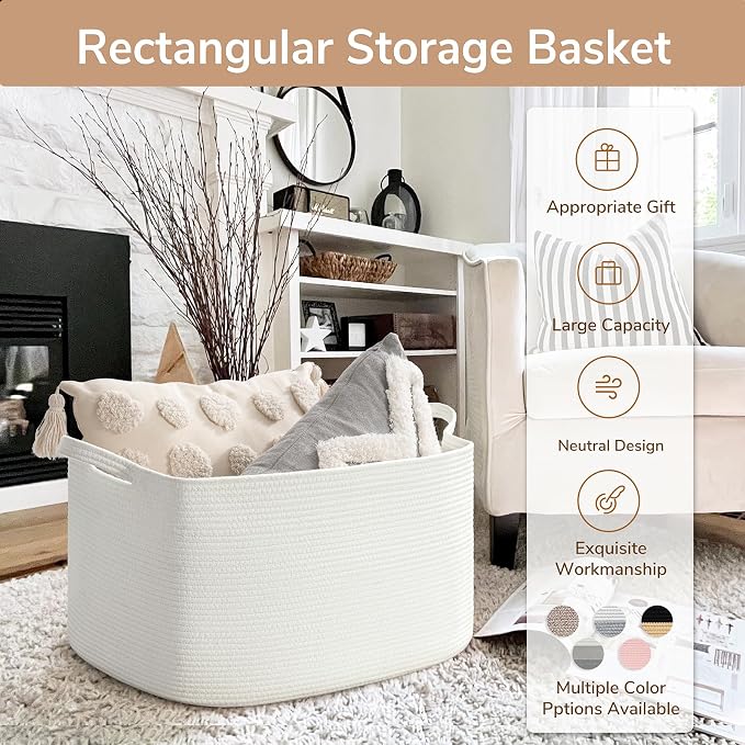 Goodpick Large Woven Rope Blanket Basket, Rectangle, White, 75L | 21.6'' x 14.9'' x 11.8'' Storage Basket for Blankets & Toys, Living Room, Bedroom & Nursery Organization, Reinforced Handles