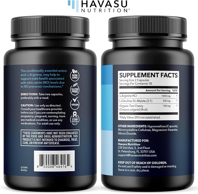 L-Arginine Capsules with L-Citrulline - Nitric Oxide Supplement - L Arginine and L Citrulline Blend - 60 Count - Vegan, Non-GMO Capsules for Performance, Endurance and Muscle Support - 1 Month Supply