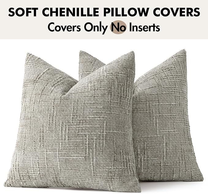 MIULEE Chenille Textured Throw Pillow Covers Light Grey 20x20 Set of 2 | Slubby Decorative Pillows, Boho Farmhouse Home Decor, Modern Neutral Cushion Covers for Couch Sofa Bed Living Room