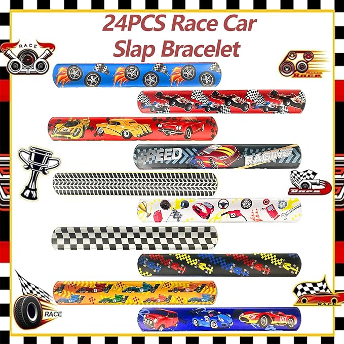 24 Pcs Race Car Party Decorations Favors Racing Bracelet Racing Wristbands Bracelet Checkered Slap Bracelets Dirt Bike Task Game Decorations Car Birthday Party Supplies
