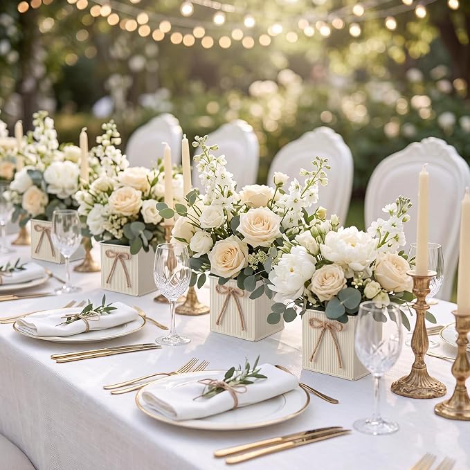 12 Pack Galvanized Square Vases with Floral Foam, 3.5 inch Waterproof Rustic Tin Buckets with Twine Bows, Mini Farmhouse Metal Planter Centerpieces for Wedding Party Table Decor (Beige)
