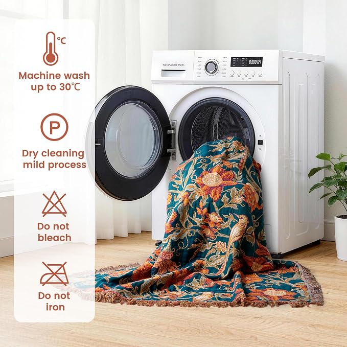 MSGKV Boho Throw Blanket 60"x80" 100% Cotton Floral Bird Blanket Couch Bed | 100% Cotton Throw, Floral Bird Design, Muslin Blanket, Summer Breathable, Farmhouse Home Decor, All Seasons, Machine Washable