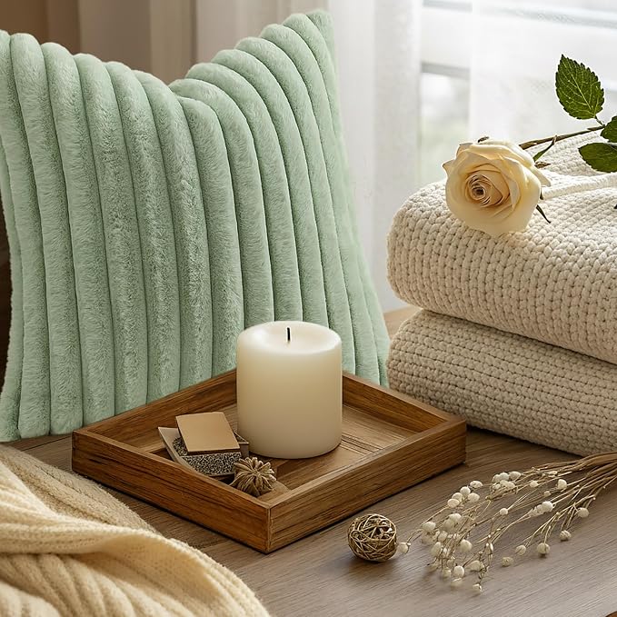 decorUhome Fall Faux Fur Throw Pillow Covers 22x22 Set of 2 Sage Green | Decorative Soft Cozy Striped Plush Modern Farmhouse Boho Couch Pillow Cases Velvet Back for Sofa Bed Living Room Home Decor