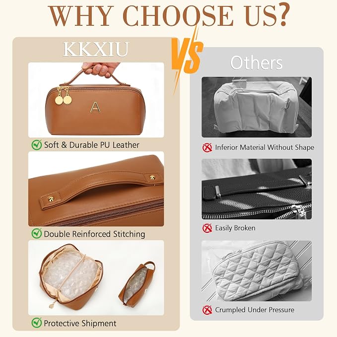 KKXIU Initial Makeup Bag for Women - Personalized Makeup Bag Gifts for Women, Travel Toiletry Bag with PU Leather, Open Flat Design with Top Handle, Cosmetic Bag Set with Multi-Pocket (Brown,K)