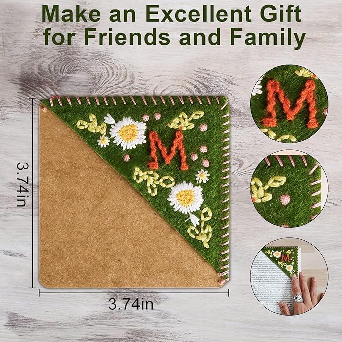 MOTEERLLU Personalized Hand Embroidered Corner Bookmark,Felt Triangle Page Stitched Handmade Bookmark,Unique Cute Flower Letter Embroidery Bookmarks Accessories for Book Lovers(Summer-h)