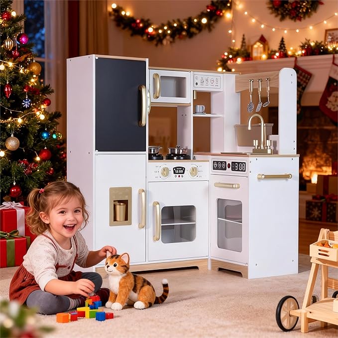 Play Corner Kitchen, Ultimate Interactive Wooden Kids Playset with Light, Montessori Pretend Play Toys, Kids Cooking Playset for Girls & Boys Ages 3+(White)
