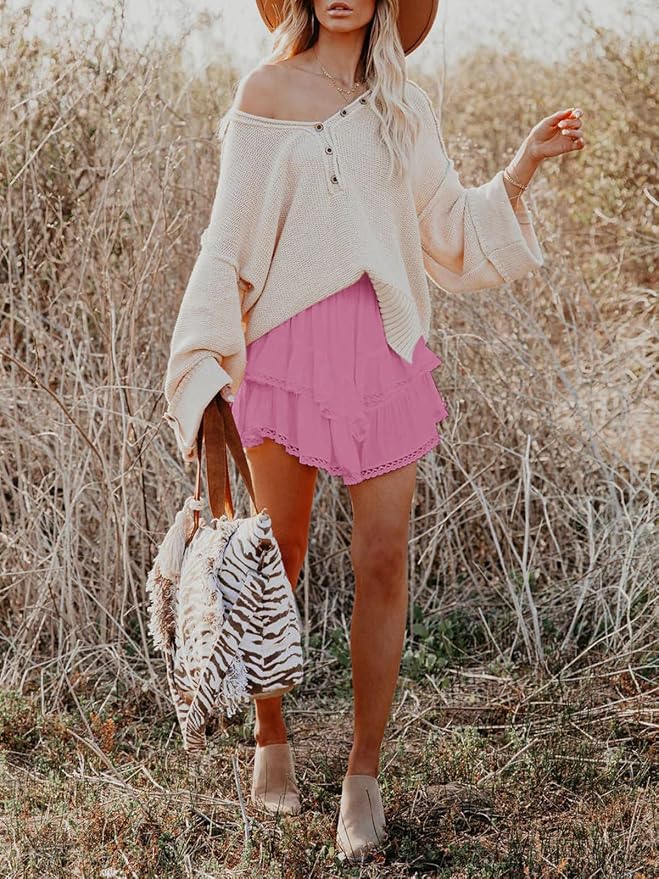 Flowy Shorts for Women Casual Boho Ruffle Tiered Skorts High Waist Mini Skirts Golf Tennis Crochet Shorts