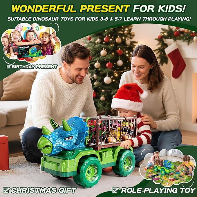 Dinosaur Cars Truck Toys for Kids 3-5 with 8 Dinosaur Figures, Activity Play Mat, Dinosaur Egg, Trees, Jurassic Play Set for Boys and Girls Ages 5-7