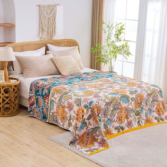 XIBLC Boho Throw Blanket for Bed, 100% Cotton Soft Rustic Quilt Fall Blanket, 60"x80" Floral Printed Farmhouse Decor Bed Blankets, All Season Rustic Reversible Bohemian Throw Quilt