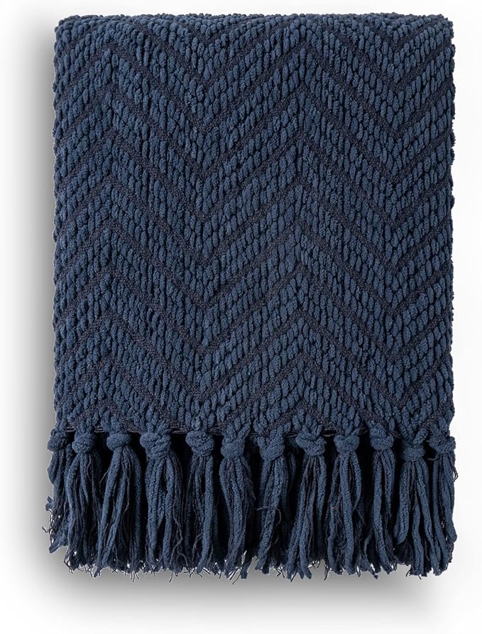 BATTILO HOME Navy Blue Throw Blanket for Couch, Knitted Blue Blanket Throw 50'' x 60'', Super Soft Warm Navy Throws for Chair Sofa Home Decor