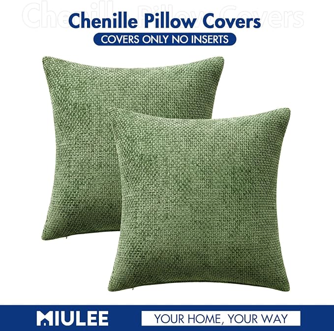 MIULEE Decorative Couch Throw Pillow Covers 18x18 Inch Sage Green 2 Pack | Modern Boho Accent, Soft Chenille Pillow Covers, Farmhouse Cushion Cases for Home Decor Bed Sofa Living Room