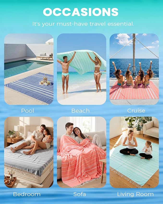 Antfuny 2 Packs Turkish Beach Towel Jumbo Extra Large XL XXL Big Oversized Giant Huge Thin Outdoor Picnic Accessories Airplane Travel Essentials Camping Gears Must Haves Yard Yoga Mat Aqua