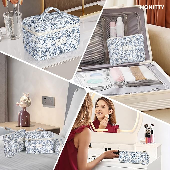 honitty Makeup Bag,Quilted Cosmetic Bags,Large Floral Make Up Organize bag,Makeup Bag Set for Women,Flower Travel Toiletry Bag
