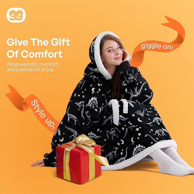 Giggling Getup Wearable Blanket Hoodie for Adults Gifts for Teen Girls Sister Women Sherpa Fleece Printed Hooded Blanket Sweatshirt Warm Cozy with Pocket & Sleeves Black Glowing Dinosaur