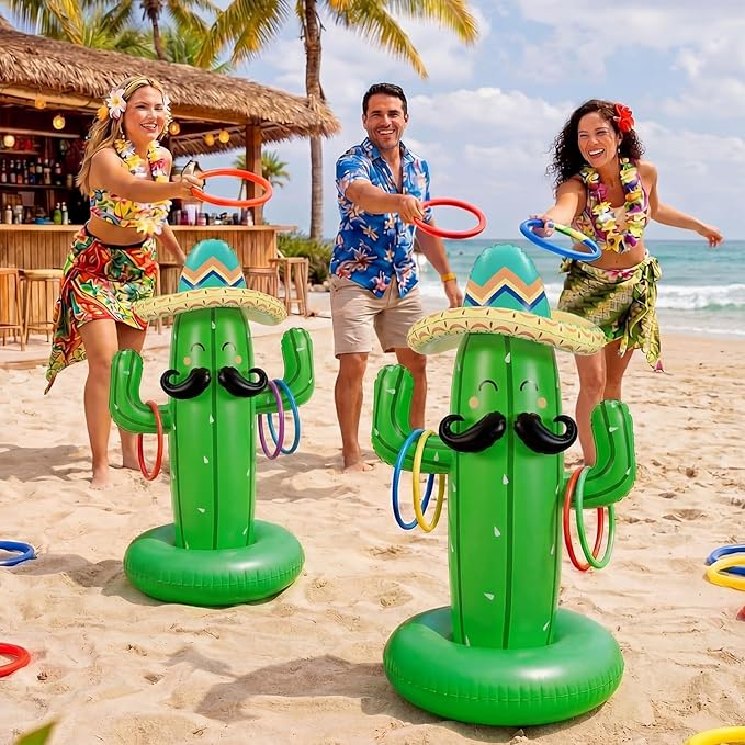 Hungdao 40 Inch Mexican Inflatable Cactus Ring Toss Game Set, Target Toss Party Games with 10 Pcs Rings Floating Summer Activity for Mexicano Fiesta Outdoor Beach Decor Cinco De Mayo Party