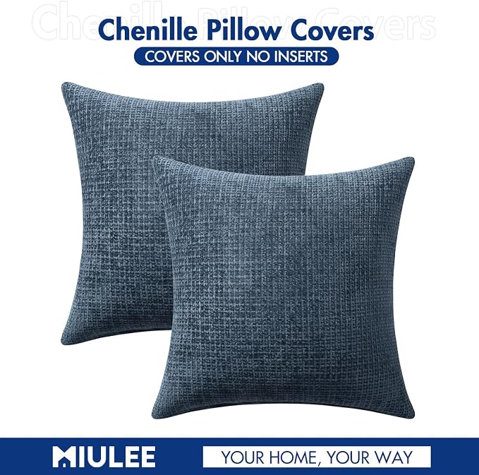 MIULEE Decorative Couch Throw Pillow Covers 16x16 Inch Navy Blue 2 Pack | Coastal Modern Boho Accent, Soft Chenille Pillow Covers, Farmhouse Cushion Cases for Home Decor Bed Sofa Living Room