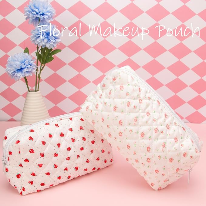 PAZIMIIK Small Quilted Makeup Bag,Zipper Cosmetic Pouch,Gauze Rose,2 Pack | Lightweight Cosmetic Bag Organizer for Women,Purse Storage Holds Makeup,Toiletries,Skincare,Beauty Essentials,Travel Items