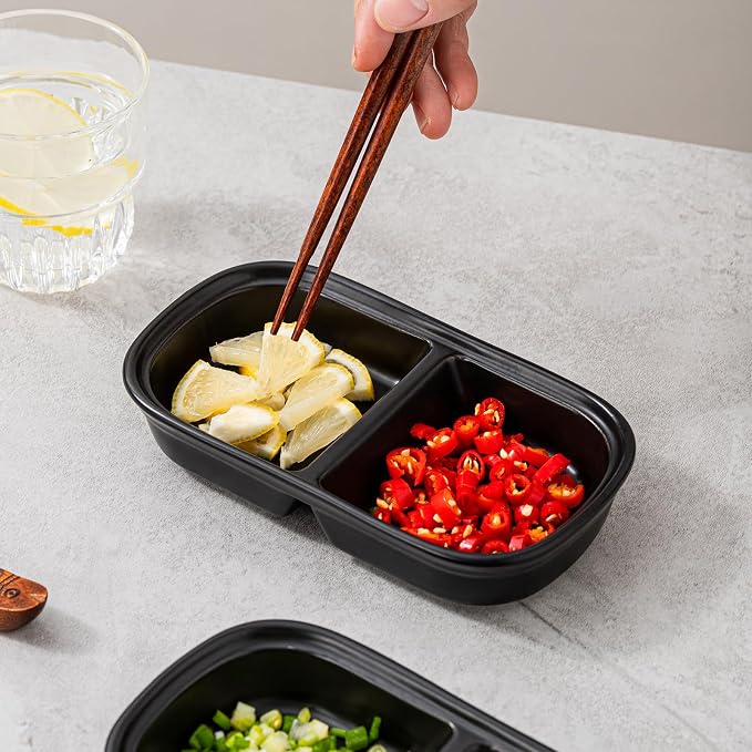 2PCS Ceramic Dishes, Ceramic Dish Stainless Steel Soy Tomato Sauce Salt Vinegar Sugar Spices Flavor Condiment Dip Bowls Korean BBQ Home Kitchen Plates (2 Grids Black)