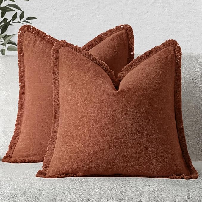 MIULEE Linen Fringe Decorative Fall Throw Pillow Covers Late Autumn 18x18 | Set of 2, Cottagecore Decor, Boho Farmhouse Neutral Pillow Covers, Rustic Fall Couch Cushion Cases for Sofa Bed Living Room