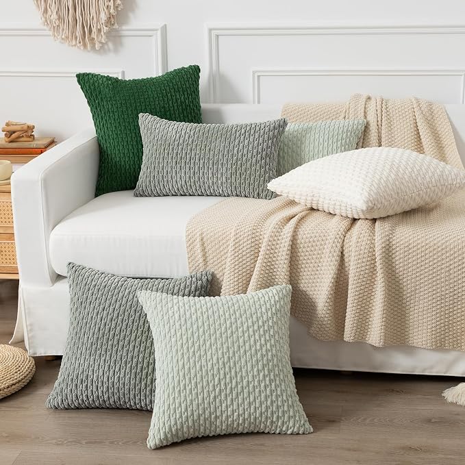 Kevin Textile Soft Corduroy 12"x24" Lumbar Pillow Cover 1 Pack, Grey Green | Boho Stripe Plush Corduroy Decorative Oblong Cushion Cover Modern Farmhouse Home Decor for Sofa Couch Bed Chair