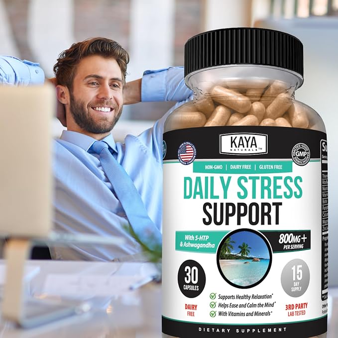 Kaya Naturals - Natural Herbal Stress Relief Support Vitamin Supplement to Relax and Calm the Mind - Boost Mood - Happy Pills - Anxiousness Support - 30 Capsules