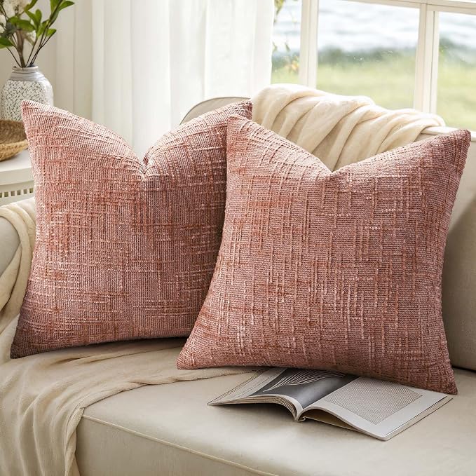 decorUhome Textured Chenille Throw Pillow Covers 24x24 Set of 2 Pink | Fall Modern Farmhouse Soft Cozy Slubby Couch Pillow Cases Boho Decorative Pillow Cases for Bed Sofa Living Room Home Decor