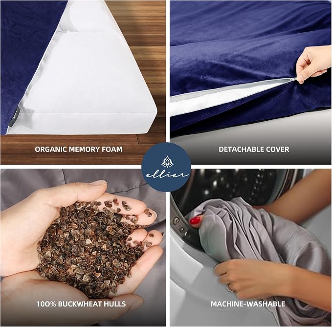 Zafu & Zabuton Meditation Cushion Set - Buckwheat Hull & Memory Foam Pillows, Ergonomic Support for Yoga, Mindfulness - Organic Velvet Cover, Large Size, Durable Comfort (Dark Blue)