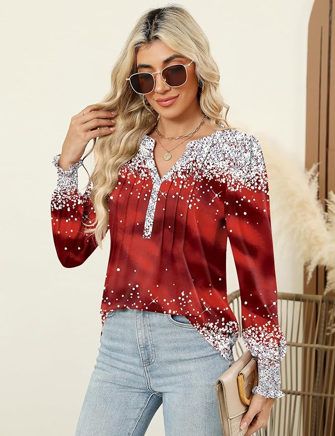 LOMON Womens Tops Dressy Casual Pleated Ruffle Long Sleeve Tunics Tops to Wear with Leggings V Neck Work Blouse