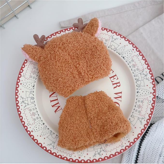 Christmas Hat Clothes for Dolls Accessories, Stylish Kawaii Festive Christmas Elk Outfit Set 2 Pieces Suitable for 15cm 17cm Doll , Xmas Doll Clothing Set Replacement Brown