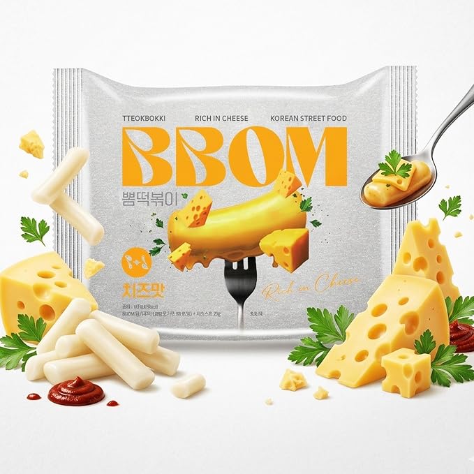 BBOM Instant Korean Tteokbokki Pouch – Cheese Flavor Korean Rice Cakes – Easy Street Food Meal Kit – Includes Tray, Rice Cakes & Powder Sauce, 5.19 oz (147 g) x 2