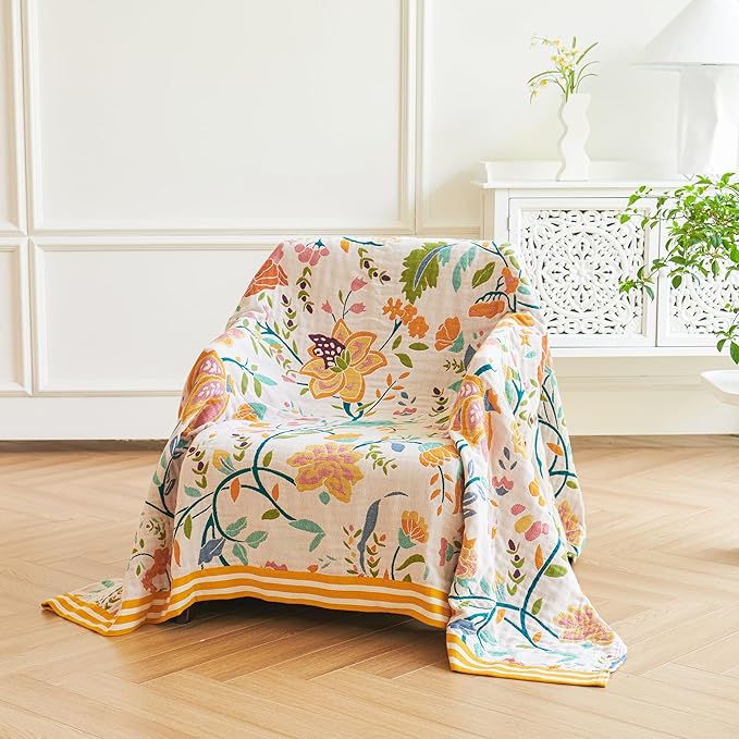 VANJOROY Boho Throw Blanket, 100% Organic Cotton Breathable Ultra Soft 91" x 108" King Bed Quilt Throw - All Season Floral Rustic Farmhouse Decor Luxury Blanket for Sofa Couch Chair and Gift