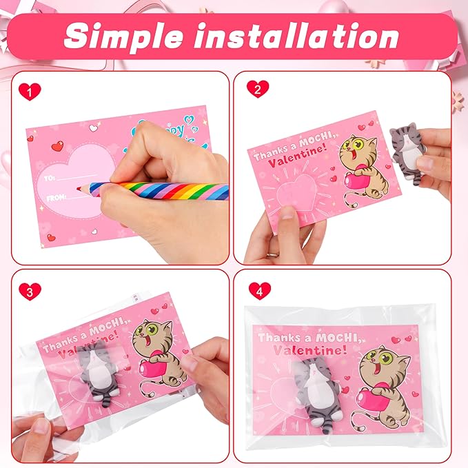 28 Pack Valentines Day Gifts for Kids Classroom Cute Mochi Squishies with Valentines Day Cards for Kids School, Valentines for Kids Class Exchange Cards Gifts Prizes Party Favors for Boys Girls