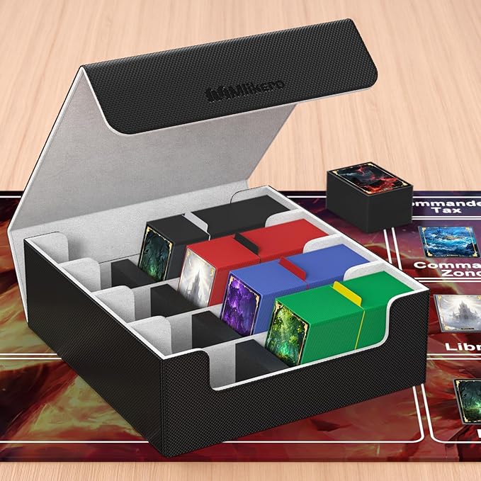 Mlikero Card Deck Case, 2400+ Trading Card Storage Box with 10 Colorful Dividers and 4 Foam Stoppers, Leather Magnetic Closure Commander Deck Box Fit for MTG, TCG (4 Rows, Black&Grey)