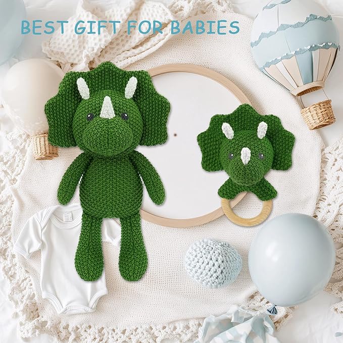 10'' Baby Green Triceratops Stuffed Animal Set with 5.9'' Dino Wooden Baby Rattle Cute Cotton Baby Boy Gifts Teething Plush Doll Toy Teddy Bear for Newborn, Baby Shower, Birthday, Easter Gift
