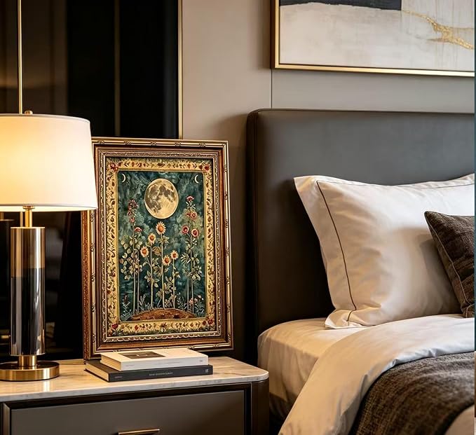 Vintage Gold Framed Celestial Moon Wall Art,Tarot Crescent Moon Painting Canvas Print,Gothic Moody Wildflowers Wall Decor,Dark Academia Vibe Poster Artwork,for Living Room Bedroom Bathroom