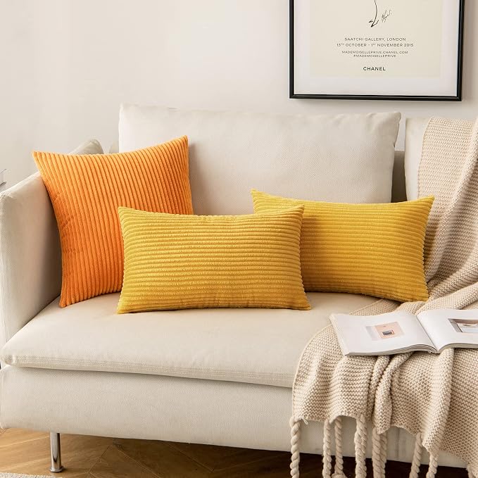 MIULEE Soft Corduroy Throw Pillow Covers Set of 2 16x16 Mustard Yellow | Decorative Striped Textured Cushion Cases, Boho Rustic Square Pillowcases, Home Decor for Couch Chair Sofa Bed Living Room