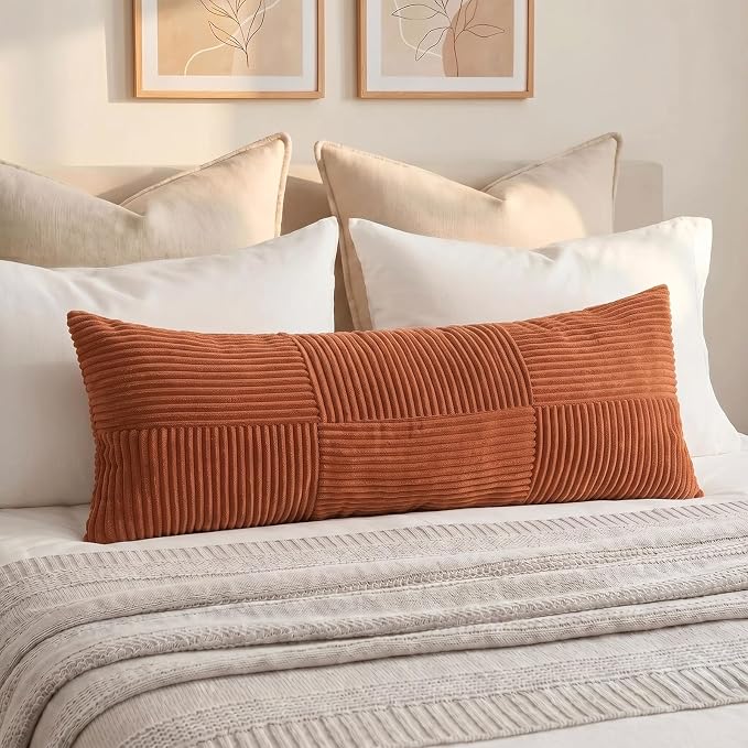 Fancy Homi Set of 2 Rust Boho Long Lumbar Body Decorative Throw Pillow Cover 14x36 Inch for Bed Couch Bedroom Bench, Soft Patchwork Corduroy Textured Pillow Case, Rustic Farmhouse Room Décor