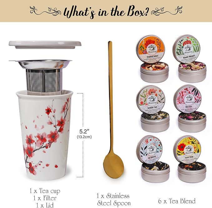 Tea Gift Set for Women - 6 Herbal Loose Leaf Tea Blends, Insulated Ceramic Cup with Infuser & Lid | Birthday, Mother's Day, Anniversary & Retirement Gift for Her